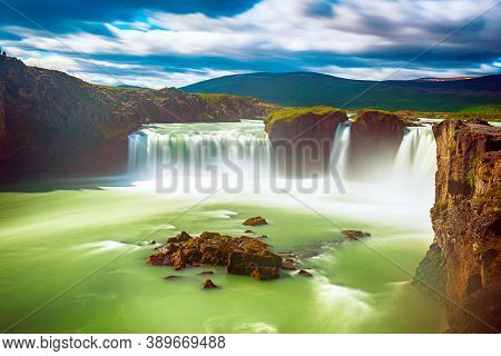 Godafoss Waterfall In Iceland, Summer Natural Travel Background