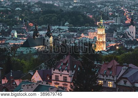 Night View Of Weastern European City Lviv, Architecture Background