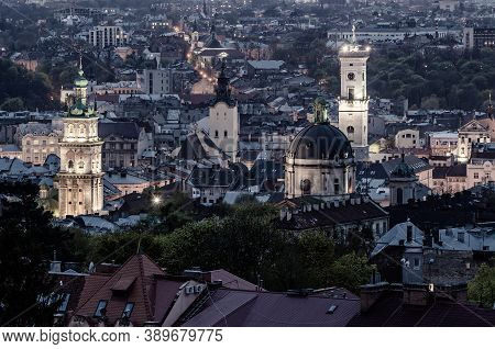 Night View Of Weastern European City Lviv, Architecture Background