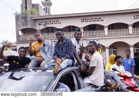 Lagos, Nigeria - October 12, 2020: Group Of Nigerian Youths Protesting Around The City About End Sar
