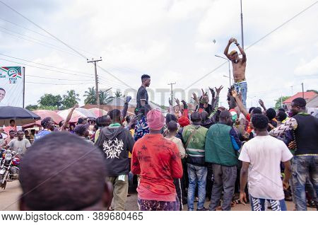 Lagos, Nigeria - October 12, 2020: Group Of Nigerian Youths Protesting Around The City About End Sar
