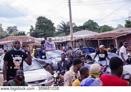 Lagos, Nigeria - October 12, 2020: Group Of Nigerian Youths Protesting Around The City About End Sar