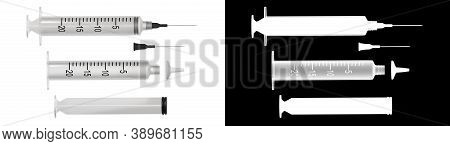 Separate Parts Of A 20ml Vaccine Syringe. Injection Isolated On White With Transparency Alpha Mask. 
