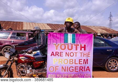 Lagos, Nigeria - October 12, 2020: Group Of Nigerian Youths Protesting Around The City About End Sar
