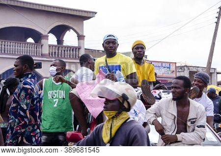 Lagos, Nigeria - October 12, 2020: Group Of Nigerian Youths Protesting Around The City About End Sar