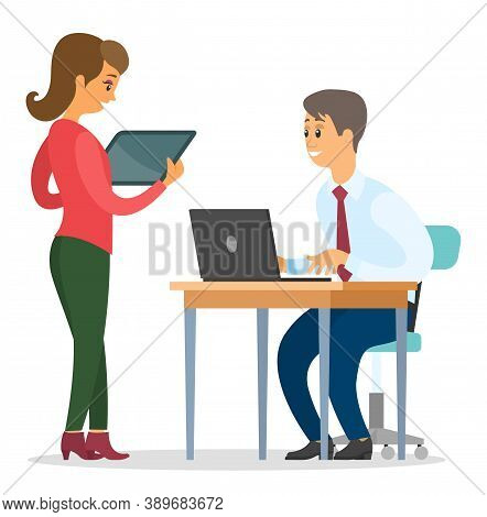 Cohesive Work Of Office Team. Guy Working On Aptop, Woman Standing With Tablet. Co Working People, T