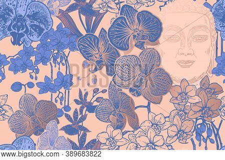 Buddha's Head And Exotic Tropical Flowers Orchids. Floral Seamless Pattern. Vector Illustration. Vin