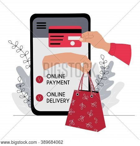 Online Payment And Delivery Concept Illustration. A Hand Holds Out A Credit Card To A Smartphone To 