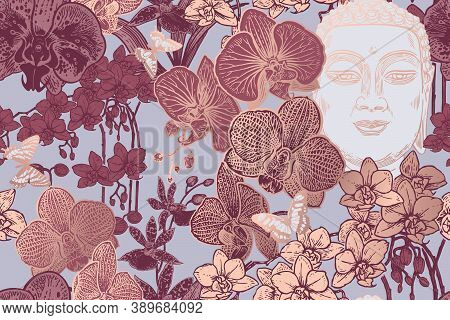 Buddha's Head And Exotic Tropical Flowers Orchids. Floral Seamless Pattern. Vector Illustration. Vin