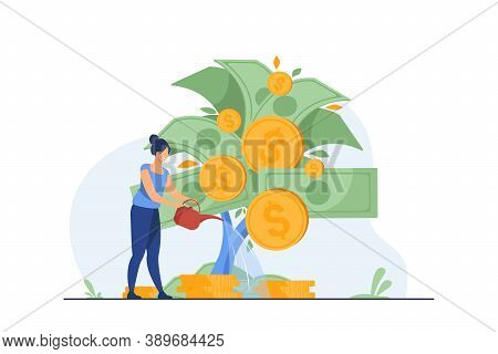 Woman Investing And Getting Profit. Money, Finance, Watering Plant. Flat Vector Illustration. Invest