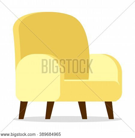 Cartoon Simple Yellow Armchair With Wooden Brown Legs. Upholstery Furniture For The Living Room. Arm