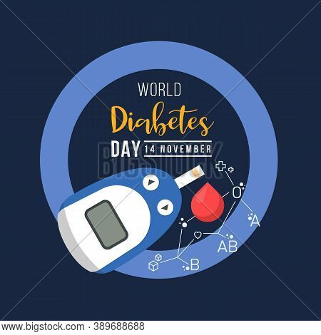 World Diabetes Day With Glucose Testing Blood And Blood Type Connect Link Around Drop Blood On Blue 