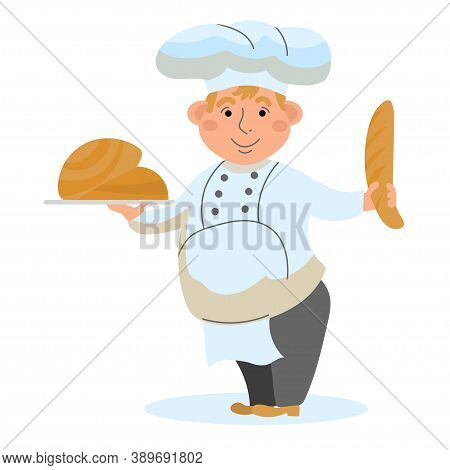 Baker With Baked Goods. Vector Illustration In The Style Of Cartoon Happy Baker. Man Character