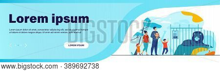 Family With Kids In Zoo Looking At Lion In Cage Flat Vector Illustration. Cartoon Tourists Walking I