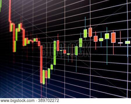 Abstract Candlestick Chart On Dark Blue Digital Screen. Stock Market Data Chart, Graph With Rectangu