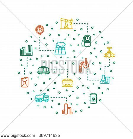 Heavy Industry Thin Line Concept Round Design Banner Include Of Factory, Truck, Excavator And Pipe. 