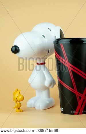 Samut Prakan, Thailand - October 14, 2020 : Set Of Popcorn Bucket And Drink Cup Of Cartoon Snoopy An