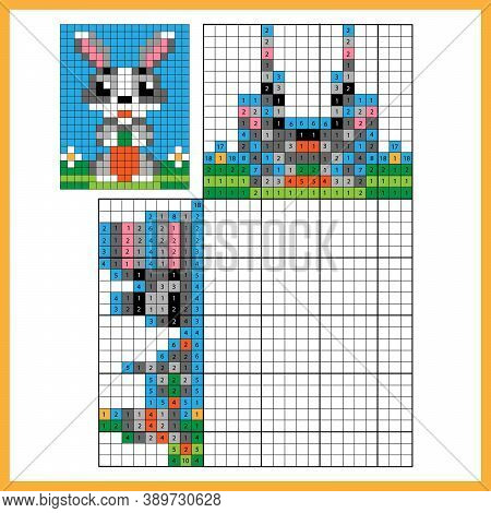 Rabbit Or Hare With Carrot. Colorful Japanese Crossword With Answer. Color By Numbers. Coloring Book