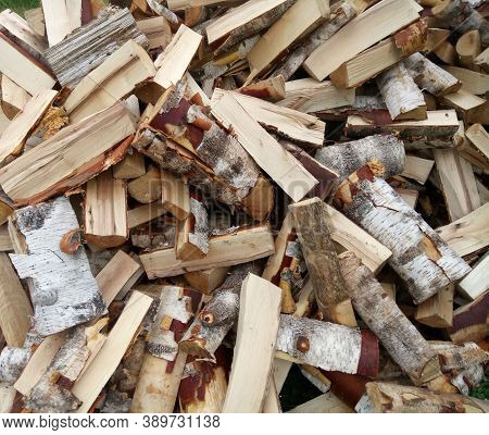 Pile Of Chopped Dry Birch Wood Close-up