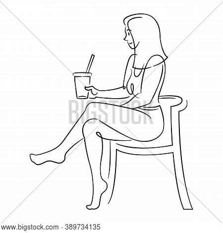 Young Woman Sits In A Chair And Drinks A Hot Drink Of Coffee In A Cafe. Continuous Single Line.flat 