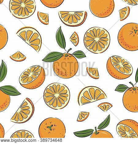 Seamless Pattern Orange. Slice Citrus Fruit. Vector Illustrstion For Kitchen Textile