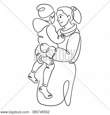 Young Woman Mother With A Baby In Her Arms, Hugs And Motherhood.continuous Single Line.flat Sketch L