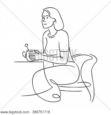 Young Woman Sits In A Chair And Drinks A Hot Drink Of Coffee In A Cafe. Continuous Single Line.flat 
