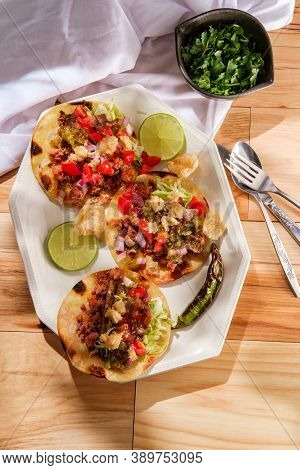 Mexican Longaniza Sausage And Steak Street Tacos Campechanos With Chicharron Pork Rinds And Tomatill