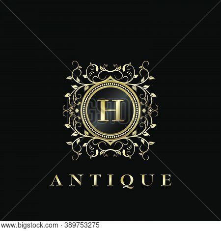 Circle Nature Leaf Luxury Letter H Logo. Antique Elegance Vector Design Floral Ornament On Circle Fr