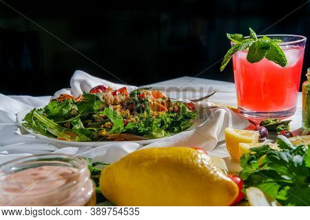 Sunny Day Middle Eastern Chicken Shawarma Salad Rice Platter With Ingredients Surrounding