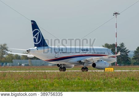 August 30, 2019. Zhukovsky, Russia. Russian Short-range Narrow-body Passenger Aircraft  Sukhoi Super