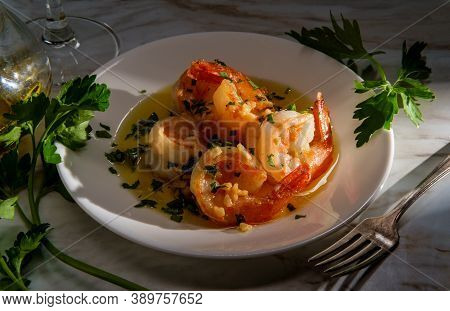 Portuguese Dinner Camarao Ao Alho E Oleo Garlic Shrimp With Dramatic Sunlight