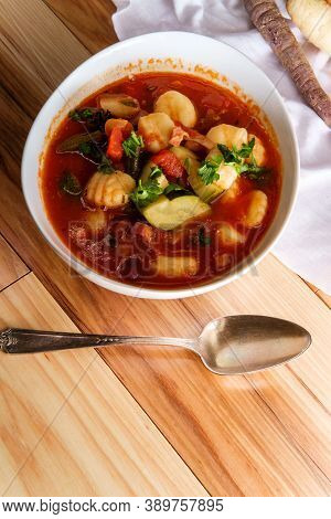 Hearty Italian Minestrone Soup With Gnocchi And Vegetables