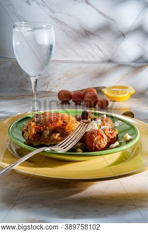 Greek Skin-on Bone-in Chicken Thighs With Salmoriglio Sauce With Manzanilla And Kalamata Olives And 