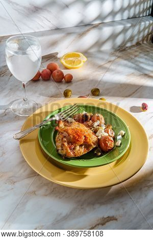 Greek Skin-on Bone-in Chicken Thighs With Salmoriglio Sauce With Manzanilla And Kalamata Olives And 