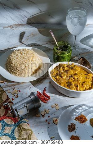 Authentic Indian Almond Chicken Korma Curry Dinner With Basmati Rice And Green Chutney