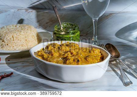 Authentic Indian Almond Chicken Korma Curry Dinner With Basmati Rice And Green Chutney