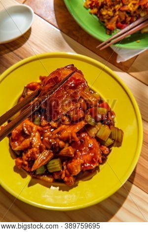 Takeout Chinese Kung Pao Chicken And Shrimp With Peanuts And Side Of Pork Fried Rice