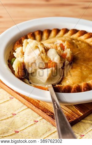 Crispy Flaky Baked Chicken Pot Pie In White Bowl