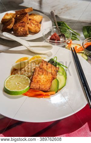 Thai Vegetarian Red Curry Rice Noodle Soup With Crispy Fried Tofu And Soft Boiled Egg