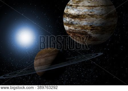 Planets Saturn And Jupiter With Background Starscape 3d Illustration
