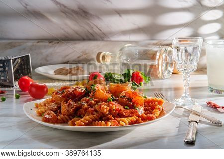 Gluten-free Fusilli Pasta In Creamy Vodka Tomato Sauce With Sausage Shrimp And Green Peas