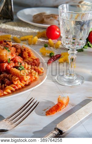 Gluten-free Fusilli Pasta In Creamy Vodka Tomato Sauce With Sausage Shrimp And Green Peas