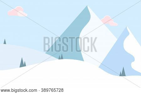 Snow Mountain Vector Illustration In Flat Design Winter Landscape With Mountain Peaks, Snowdrifts An