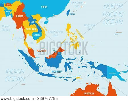 Southeast Asia Map - 4 Bright Color Scheme. High Detailed Political Map Of Southeastern Region With 