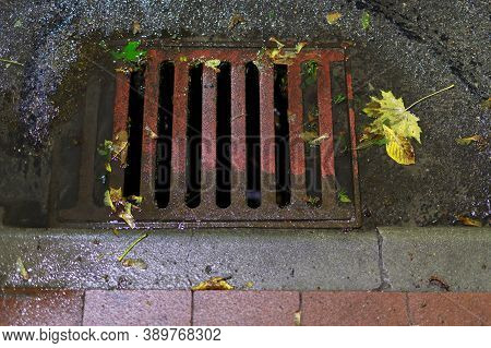 Thick And Solid Sewer Drain Embedded In The Road. Rainwater Flowing Down The Way To The Sewer Drain.