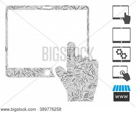 Dash Mosaic Based On Hand Points Mobile Tablet Icon. Mosaic Vector Hand Points Mobile Tablet Is Desi