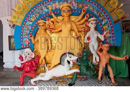 Goddess Durga Idol Decorated At Puja Pandal In Kolkata, West Bengal, India. Durga Puja Is Biggest Re
