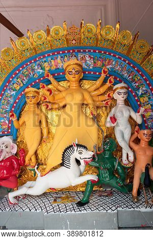 Goddess Durga Idol Decorated At Puja Pandal In Kolkata, West Bengal, India. Durga Puja Is Biggest Re