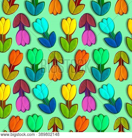 Seamless Pattern Of Tasty Colorful Cookies In The Shape Of Flowers. Homemade Cookies. Gingerbread Tu